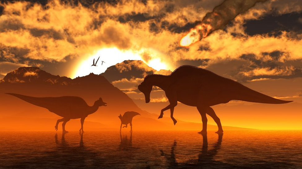 Artistic representation of dinosaurs witnessing the impact of an asteroid