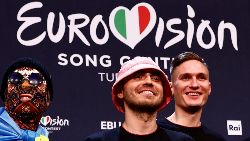 Kalush Orchestra from Ukraine pose after winning the 2022 Eurovision Song Contest in Turin