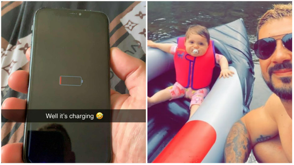 Telefon koji se puni i Migel sa ćerkom na reci