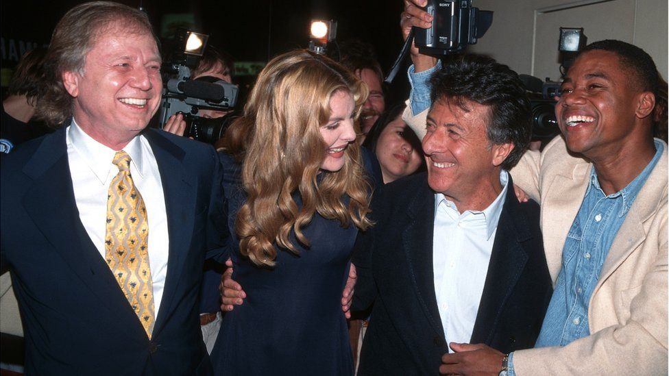 Wolfgang Petersen alongside Outbreak stars Rene Russo, Dustin Hoffman and Cuba Gooding Jr at the film's Los Angeles premiere in 1995