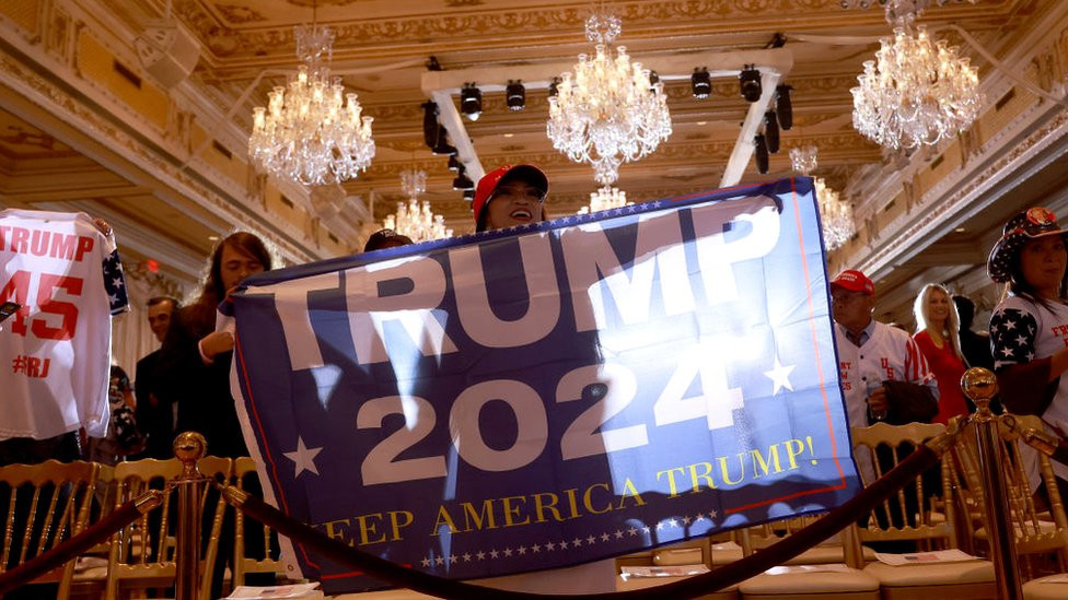 Supporters celebrate after former US President Donald Trump's speech