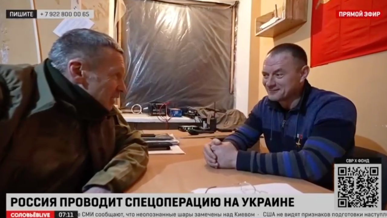 Wagner commander known by the call sign 'Zombie' (right) gives a rare interview to Russian TV host and propagandist Vladimir Solovyev on 15 February, 2023