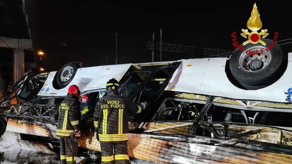 A view of the scene after bus crash near Venice, on October 04, 2023 in Mestre, Italy.