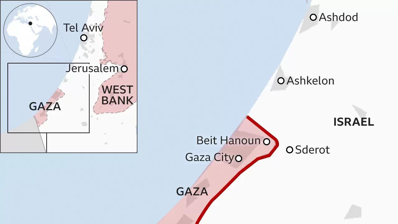 Map showing Gaza and southern Israel