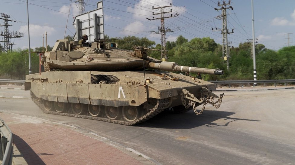 An Israeli tank near the Gaza border
