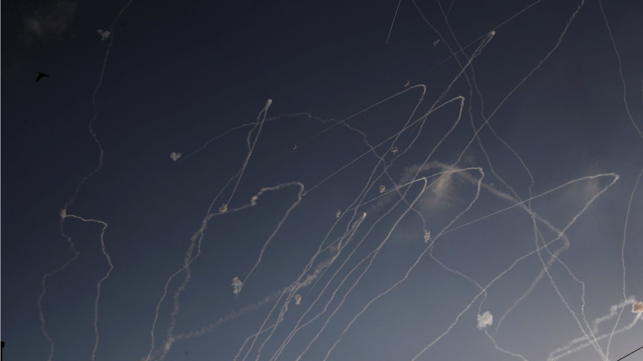 Missiles launched from the Gaza Strip towards the Israeli city of Ashkelon interrupted by the Israeli air defense system of Iron Dome over th city of Ashkelon, 10 October 2023