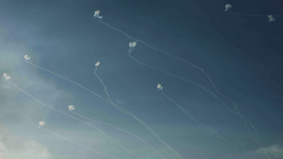 Israel's Iron Dome anti-missile system intercepts rockets launched from the Gaza Strip, as seen from near Sderot in southern Israel on Tuesday 10 October 2023