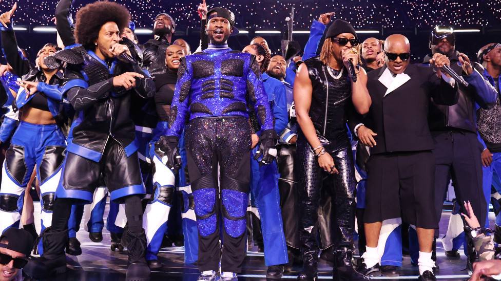 Ludacris, Usher, Lil Jon, Jermaine Dupri and will.i.am perform onstage during the Apple Music Super Bowl LVIII Halftime Show at Allegiant Stadium on February 11, 2024 in Las Vegas, Nevada