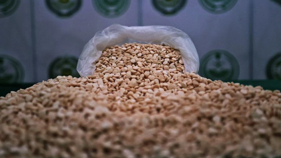 A picture taken on 1 March 2022 shows a view of thousands of Captagon pills seized by Saudi Arabian authorities