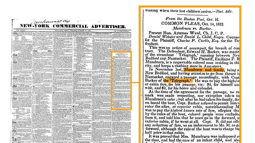 1833 New York newspaper report announces Mundrucu's victory in the first court case