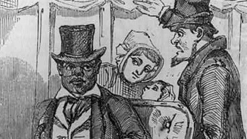 An 1856 engraving showing a black man being expelled from a railway carriage