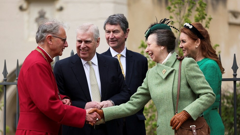 Prince Andrew, Princess Anne, Sir Timothy Laurence and Sarah Ferguson at the Easter church service