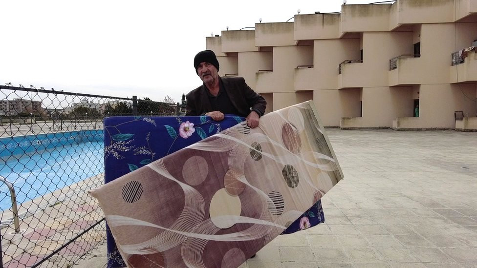 A displaced man at the Hotel Montana in Marwaniyeh, Lebanon