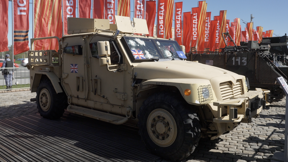 A British Army Husky fighting vehicle on display in Moscow