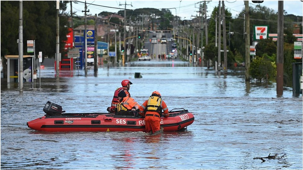 Rescue workers in floodwaters in Melbourne, Australia in October 2022