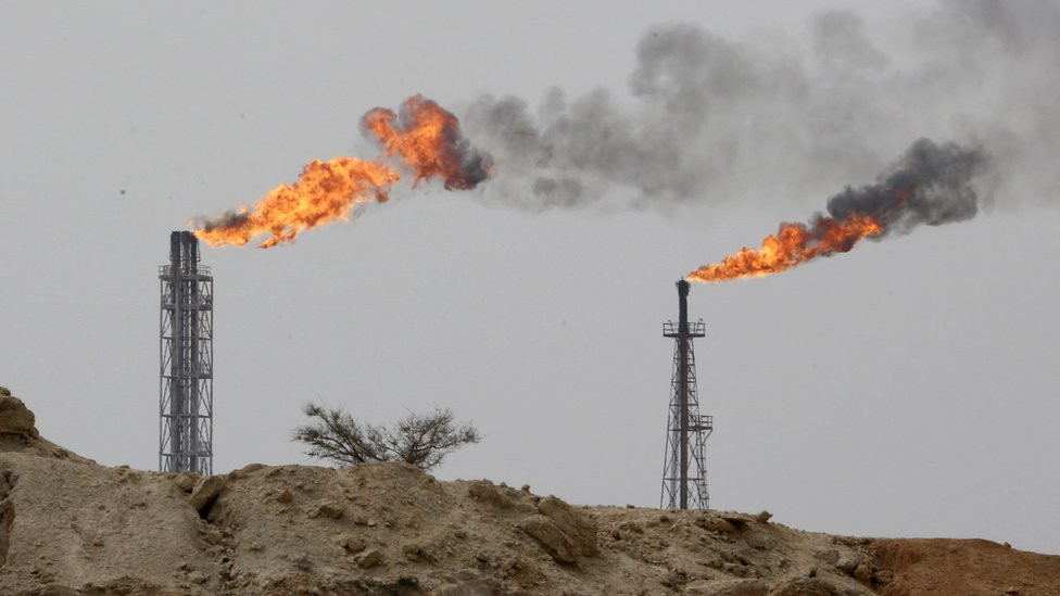 Oil production facilities on Khark Island, on the shore of the Gulf.