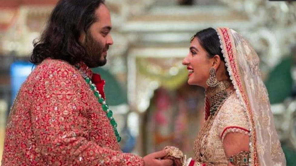 Anant Ambani and his wife Radhika Merchant during the ceremony in Mumbai