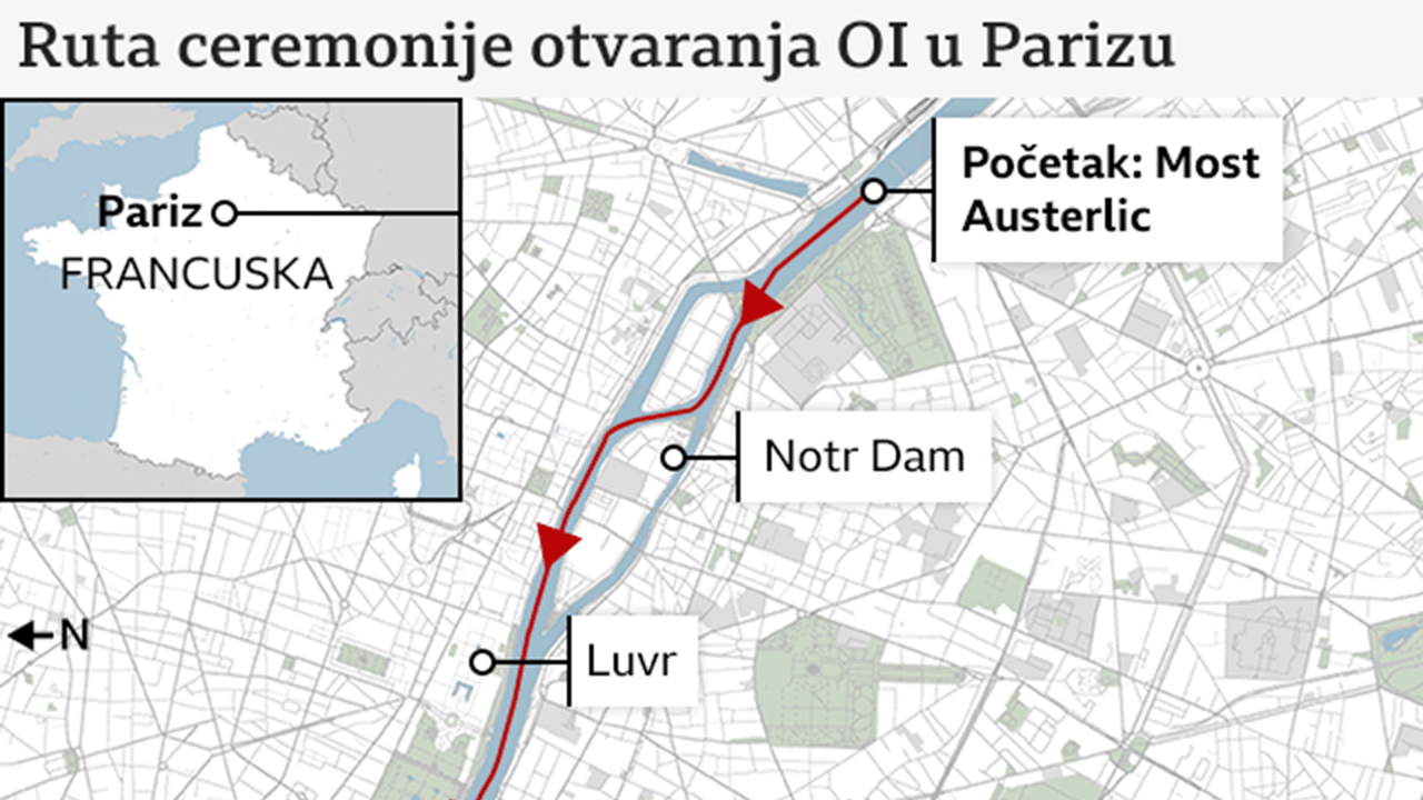 Mapa kretanja povorke na otvaranju Olimpijskih igara u Parizu