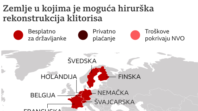 Mapa zemalja u kojima je omogućena na različite načine rekonstrukcija klitorisa