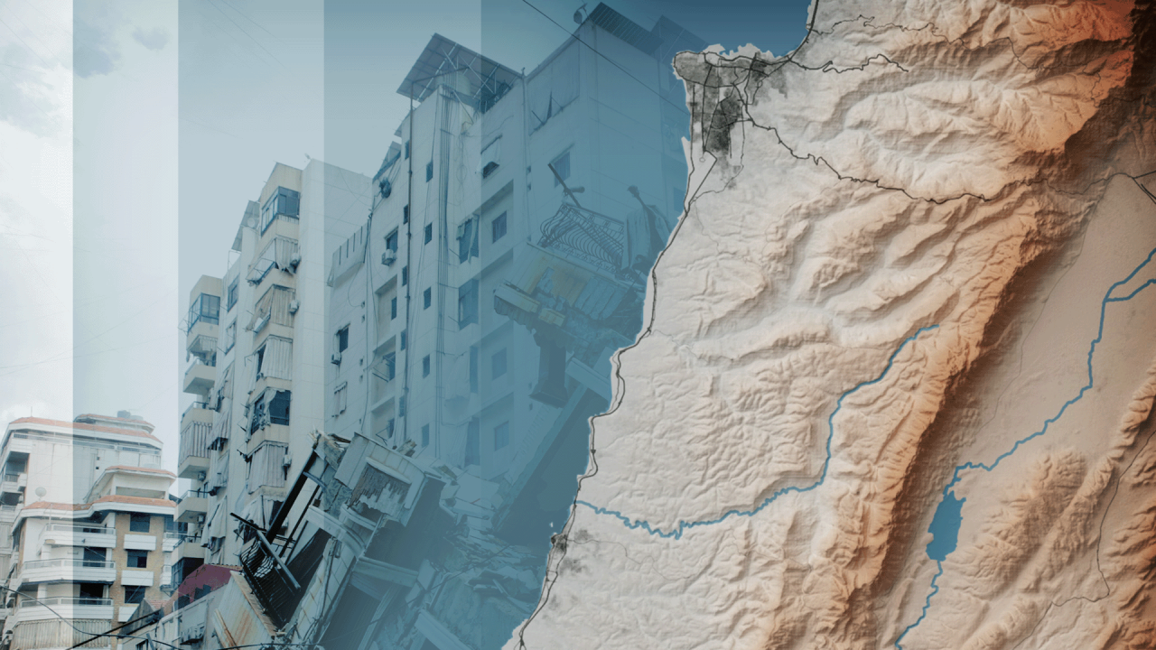 A relief map of Lebanon showing the mountains to the east of Beirut with a photograph of damaged buildings imposed in the background.