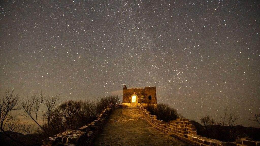 Quadrantid meteor shower is observed in the night sky over the Great Wall on January 4, 2025 in Beijing, China.