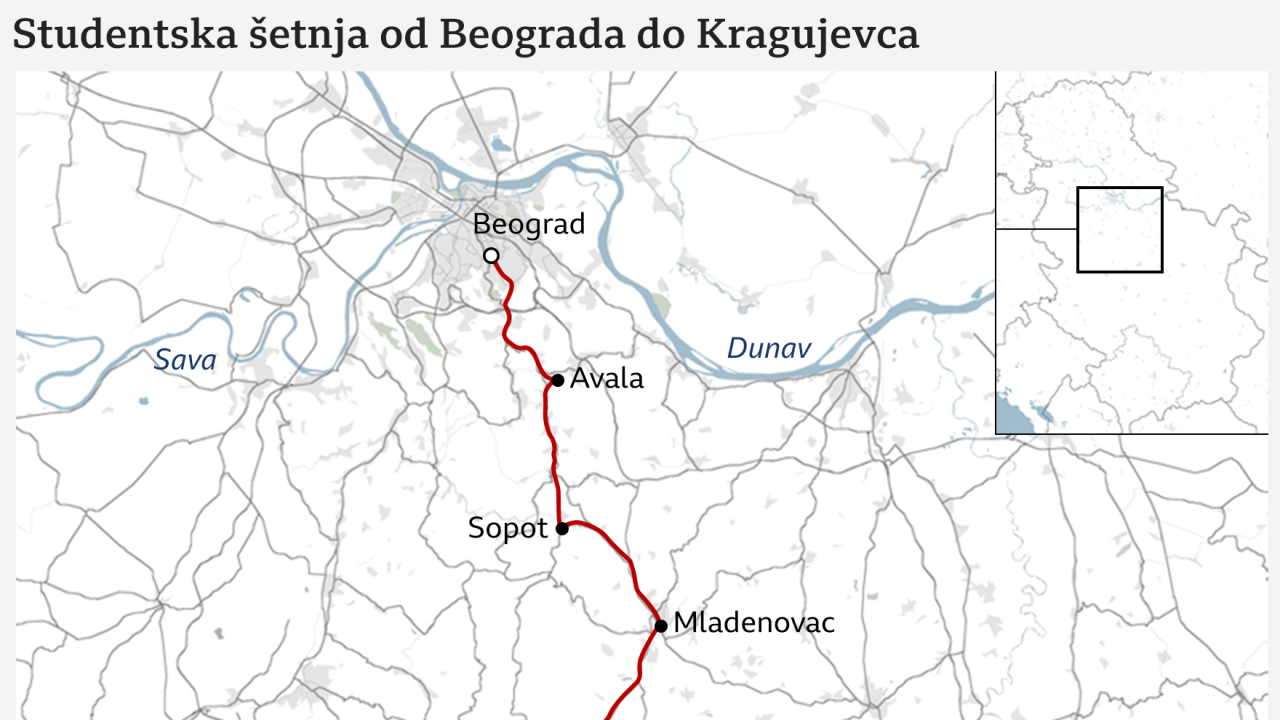 mapa, studentski protest, studenti pešače do Kragujevca