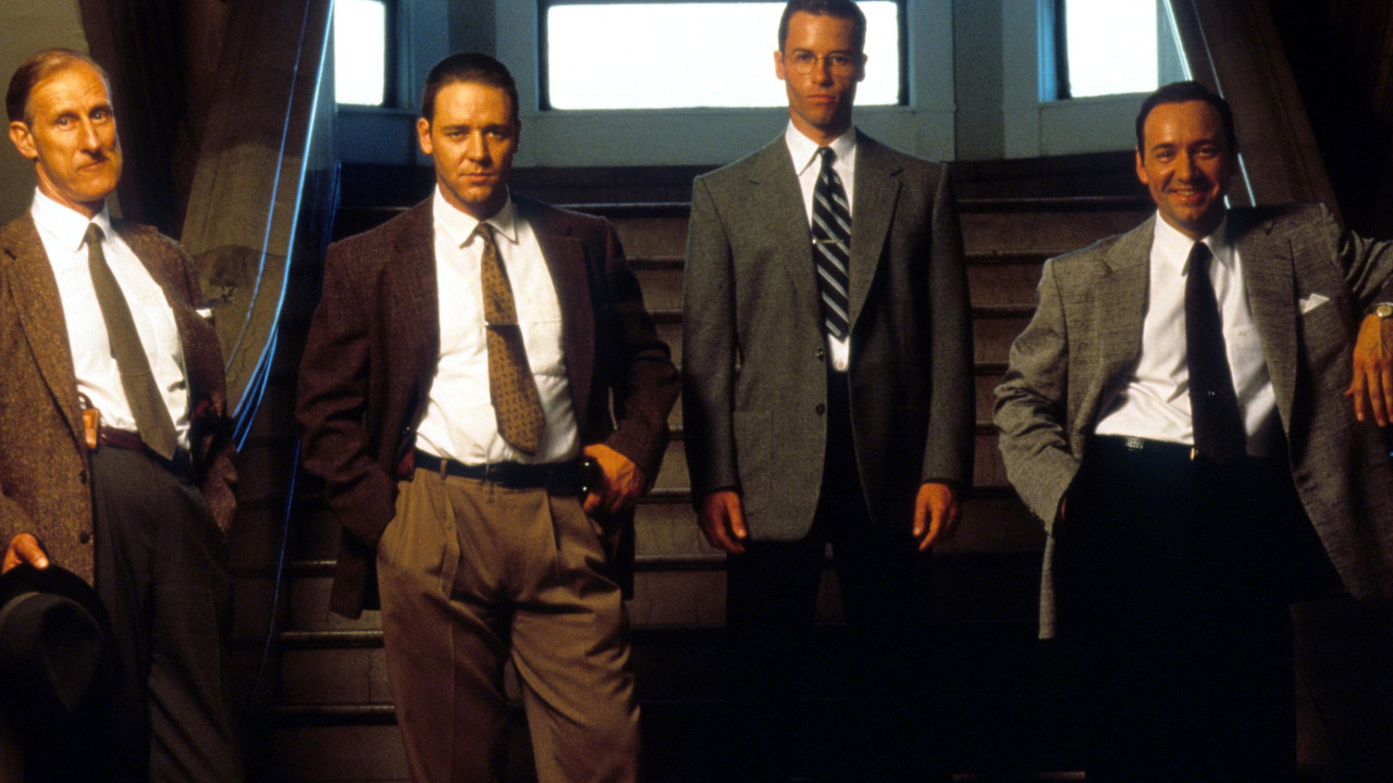 (Left to right) James Cromwell, Russell Crowe, Guy Pearce and Kevin Spacey in a publicity portrait for the film LA Confidential, in 1997