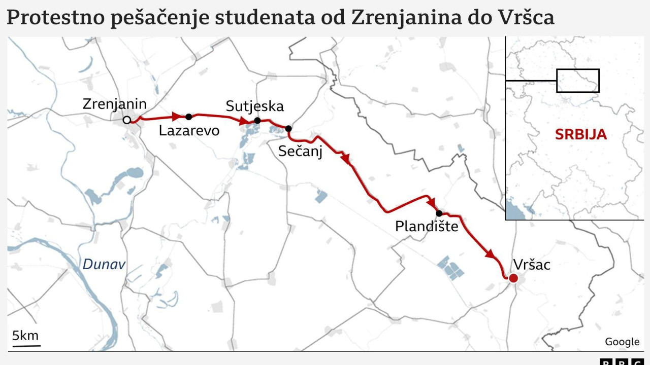 Mapa rute pešačenja studenata od Zrenjanina do Vršca