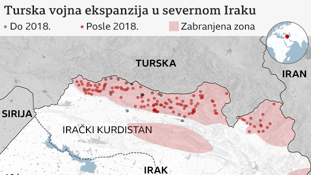 Mapa prikazuje severni Irak, irački Kurdistan, zabranjenu zonu, granicu sa Sirijom, Turskom i Iranom i turske vojne baze isprekidane oko severnog Iraka