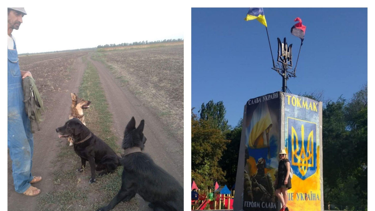 Dve fotografija na kojima je Sergej na selu sa psima, i Tatjana ispred spomenika na kome je ukrajinska zastava 