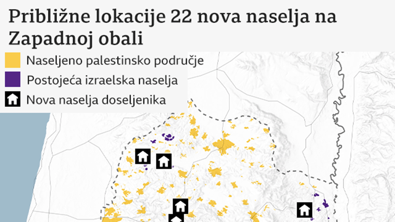 Mapa Izraela i Palestine koja prikazuje naseljena mesta na okupiranoj Zapadnoj obali