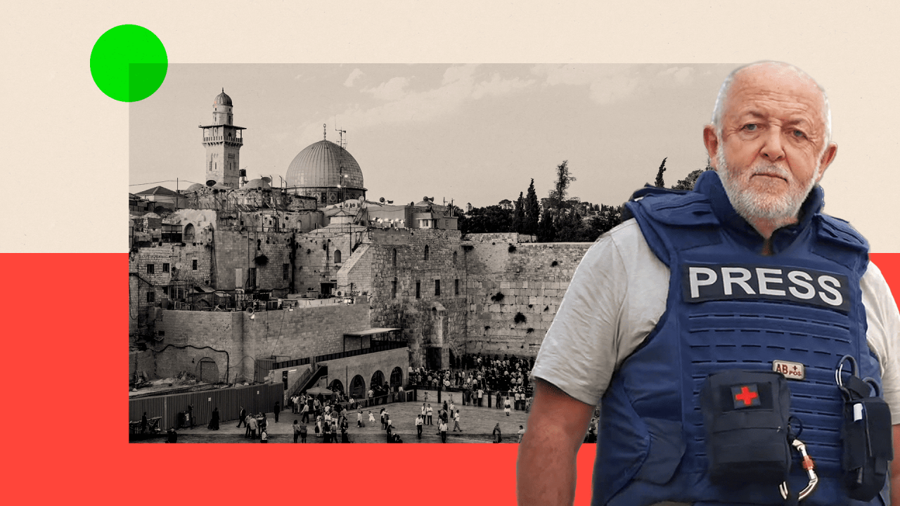 Kolaž na kojem je arhivska fotografija Jerusalima i urednik BBC-ja, sed, sa sedom bradom u panciru na kojem piše Press ispred