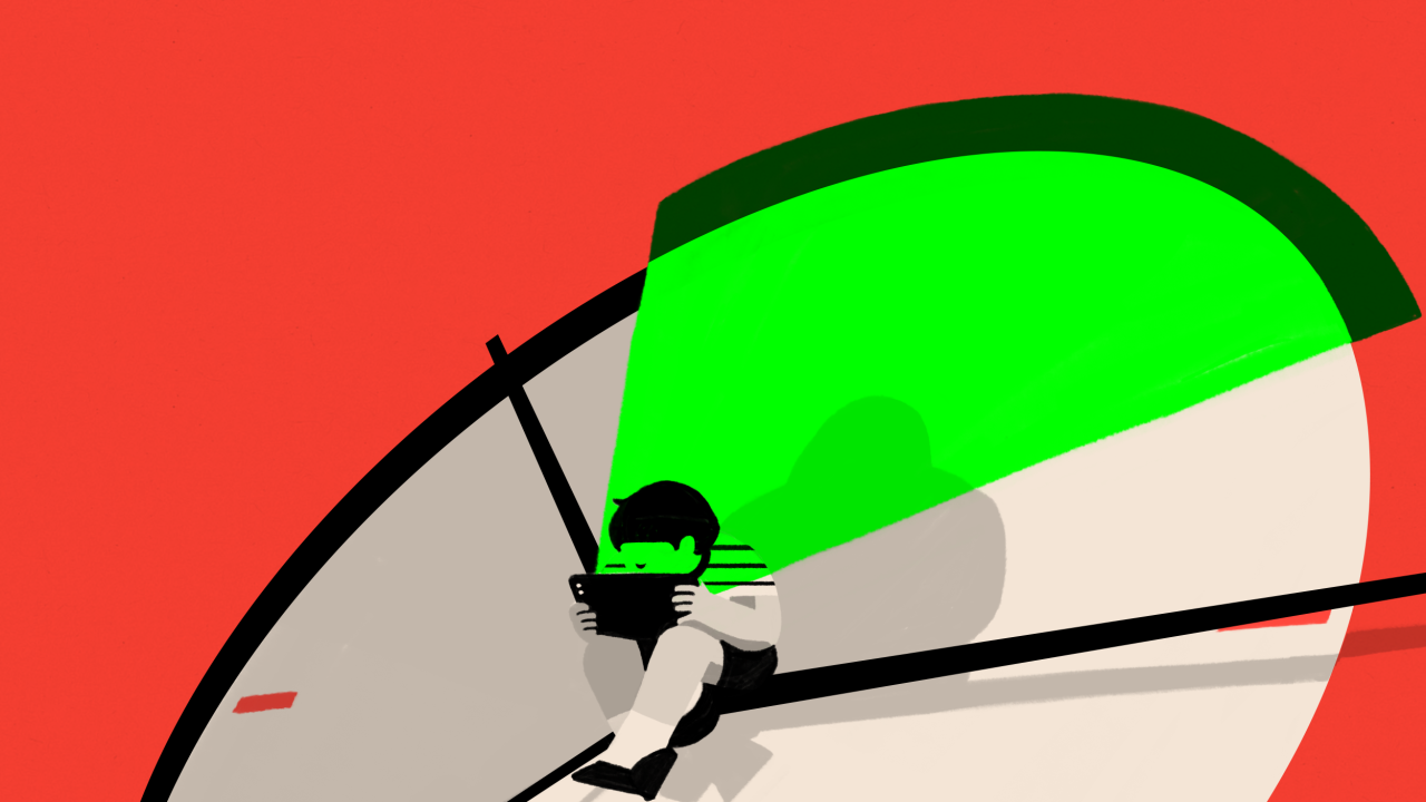 Ilustracija sata i deteta kako sedi i koristi digitalni uređaj