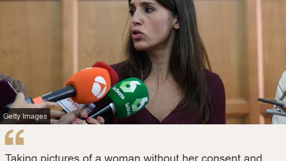 "Taking pictures of a woman without her consent and distributing them is sexual violence", Source: Irene Montero, Source description: Spanish Equalities Minister, Image: Irene Montero