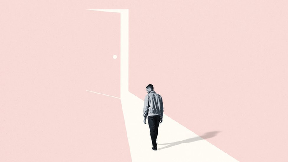 Illustration showing a man approaching a door ajar